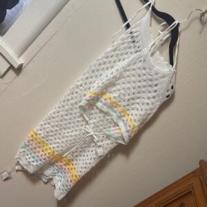 Never Worn. White Crochet Cover-Up Pastel Accents